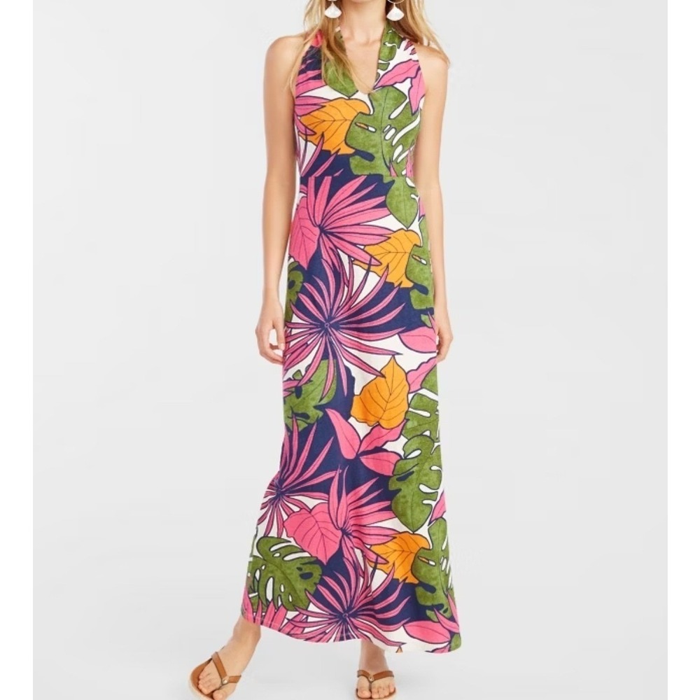 Tommy Bahama Womens Tropical Floral Halter Maxi Dress Pink Green Small
